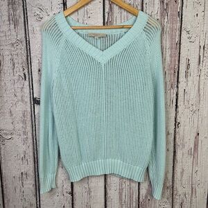 LOFT Light Blue Open Stitch Pullover Sweater V-Neck Size Medium‎ 100% Cotton